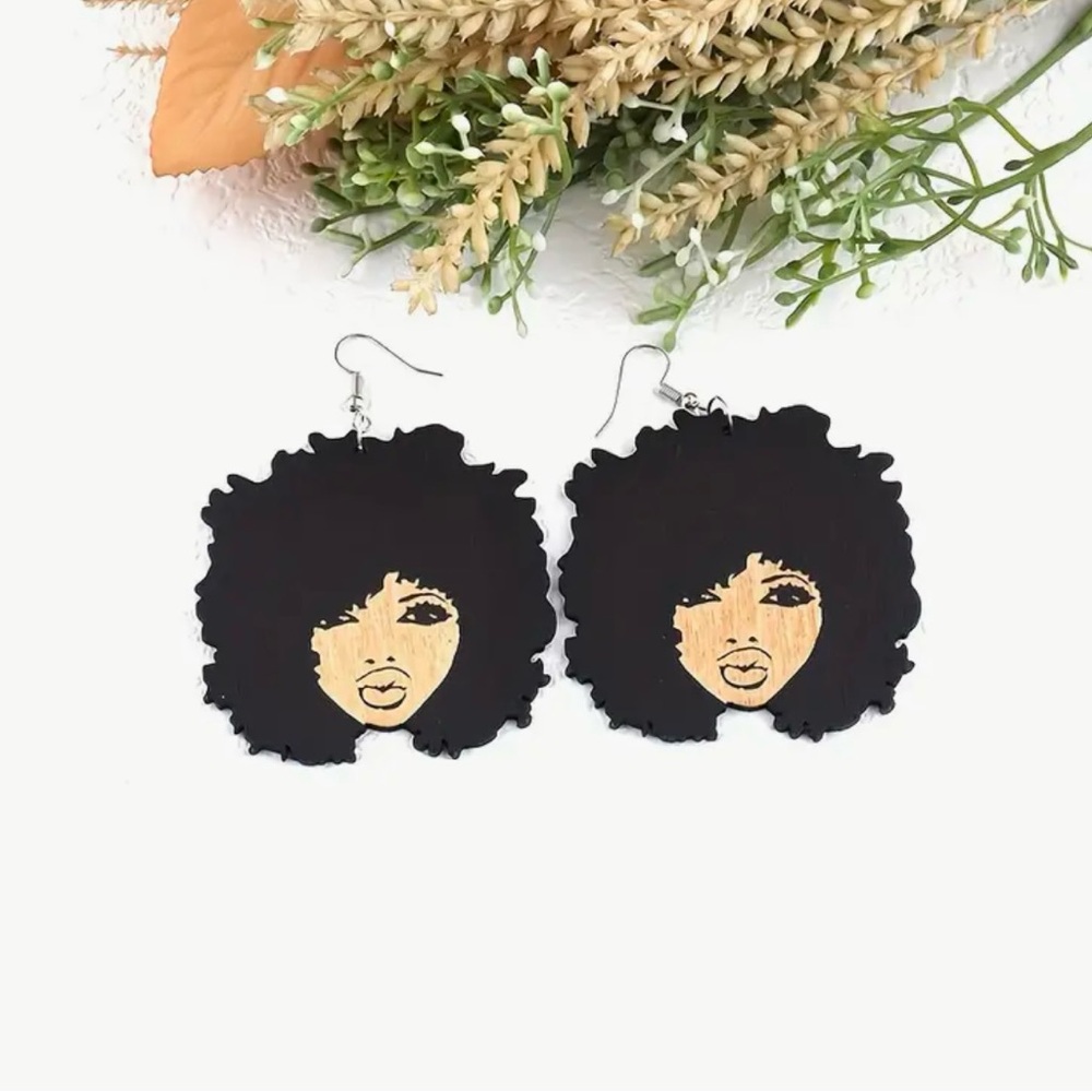 Afro Natural Hair African Inspired Wooden Fishhook Earring Set Lightweight